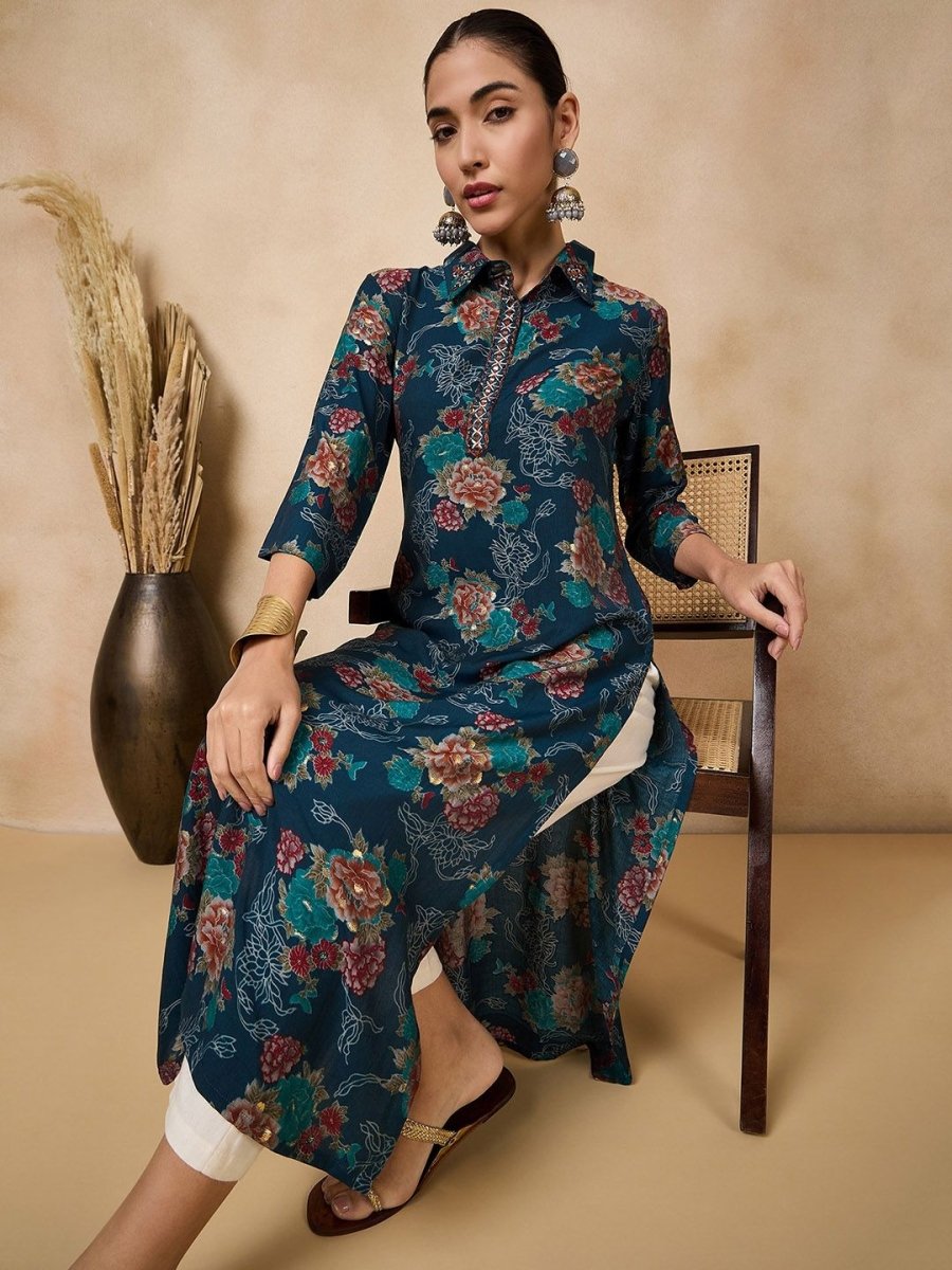 Anouk Floral Printed Mirror Work Straight Kurta - Swadesiicart
