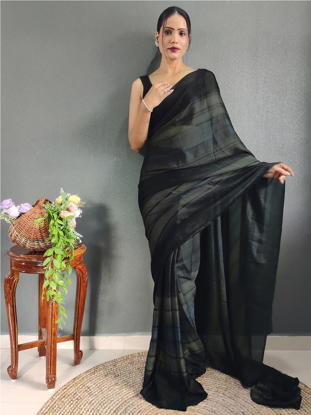 Mitera Striped Zari Poly Georgette Ready to Wear Saree | Swadesiicart