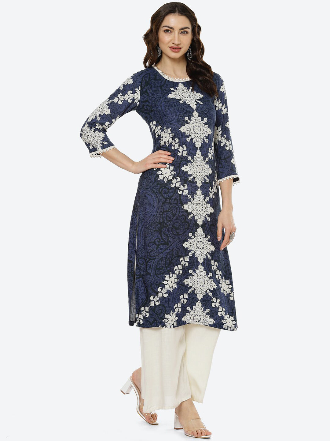 Biba Women Navy Blue & White Ethnic Motifs Printed Kurta - Swadesiicart