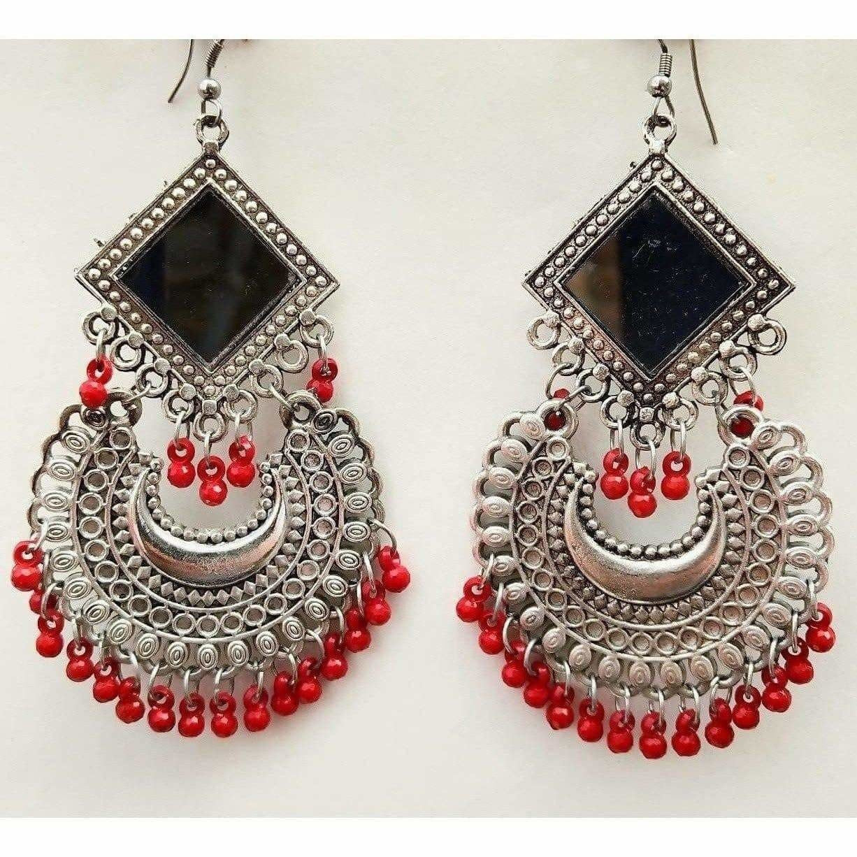 MS Fashion India Latest Trendy Chandbali Red Pearls Long Mirror Half Moon Silver Tone Earrings | Swadesiicart