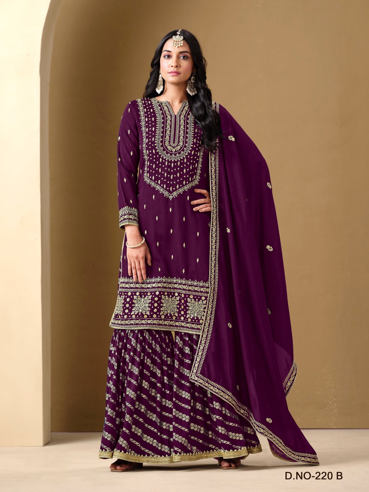 Anaita Purple Art Silk Embroidered Stitched Sharara Suit