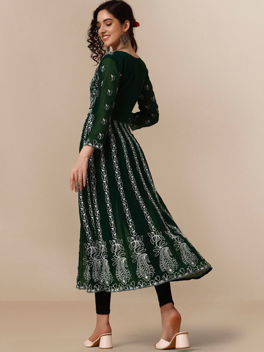 HERE&NOW Ethnic Motifs Embroidered Chikankari Georgette Anarkali Kurta | Swadesiicart