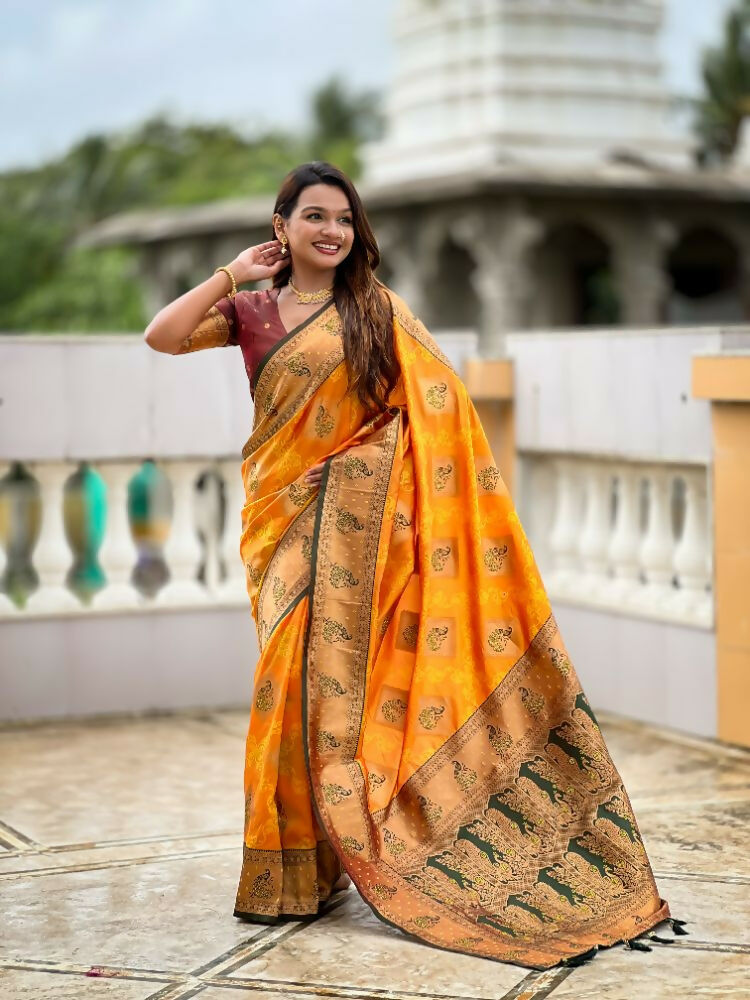 PR Fashion Mustard Orange Soft Banarasi Silk With Zari Weaving Meenakari Design Saree | Swadesiicart