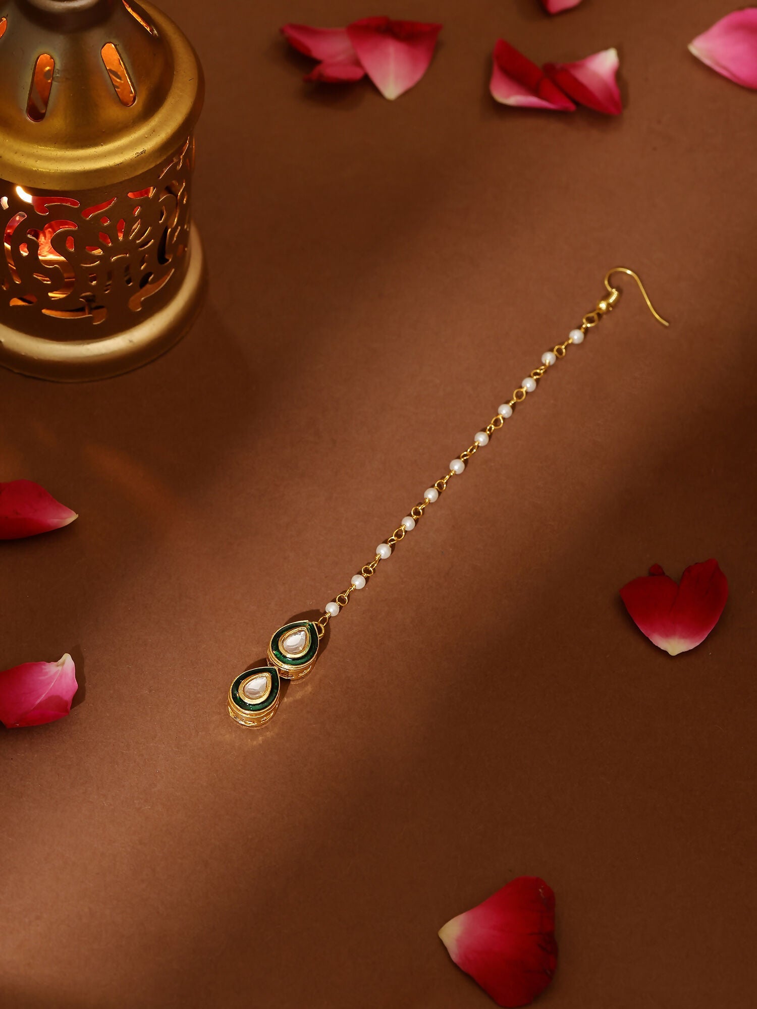 Ruby Raang Green Double Teardrop Kundan Maang Tikka with Meenakari | Swadesiicart