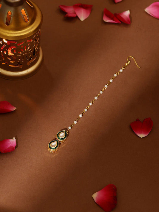 Ruby Raang Green Double Teardrop Kundan Maang Tikka with Meenakari | Swadesiicart