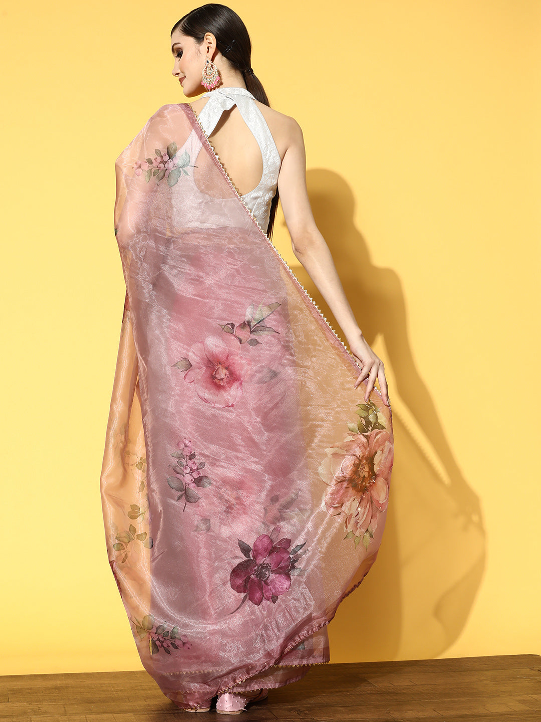 Tikhi Imli Pink & Green Floral Organza Saree | Swadesiicart