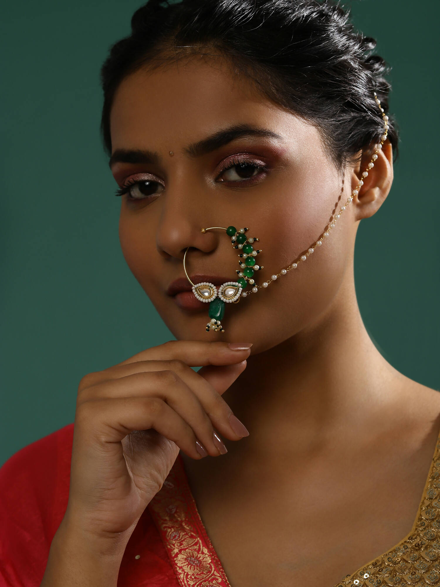 Gold-Polished White Green Kundan Studded Beaded Chain Nose Pin - Ruby Raang | Swadesiicart