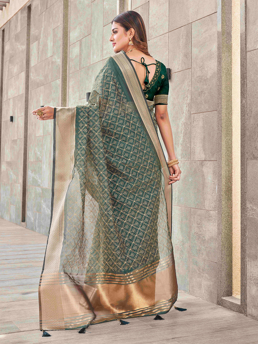 Tikhi Imli Olive Floral Embroidered Zari Organza Saree | Swadesiicart
