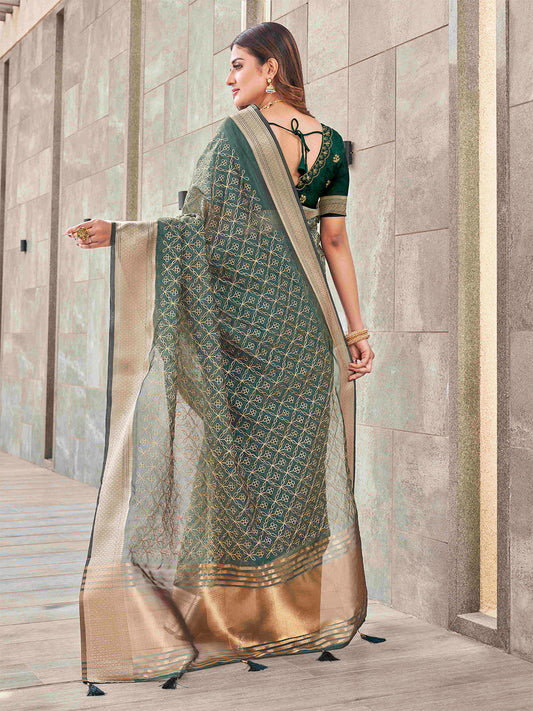 Tikhi Imli Olive Floral Embroidered Zari Organza Saree | Swadesiicart