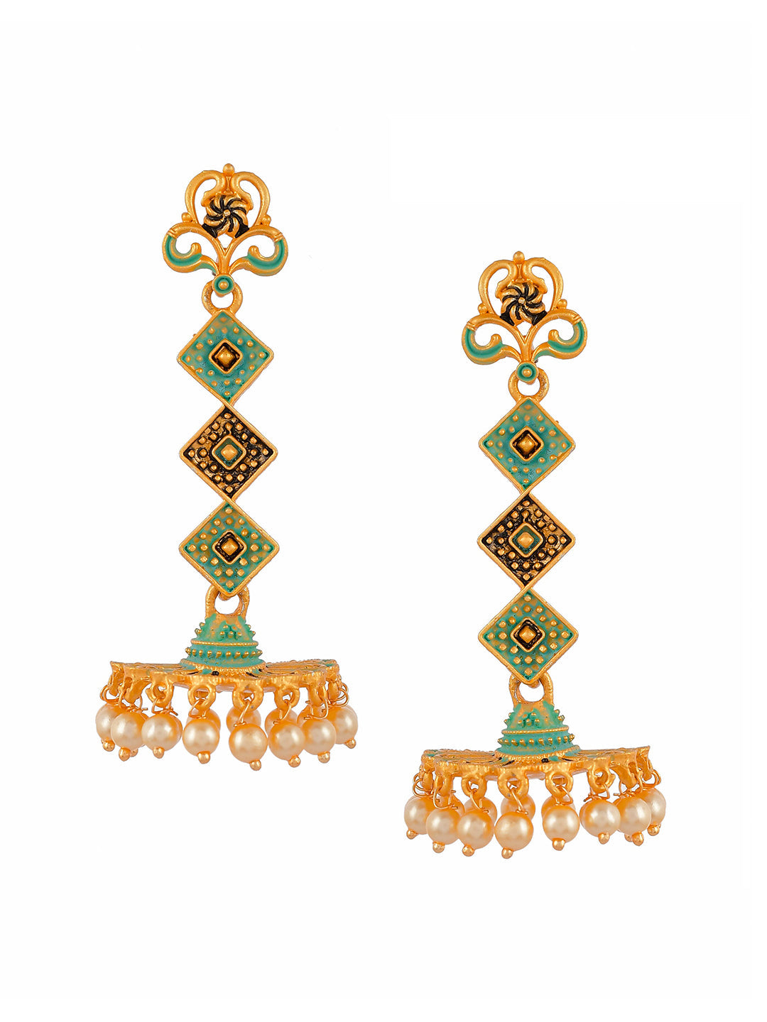 Shoshaa Gold-Toned & Green Contemporary Jhumkas Earrings | Swadesiicart