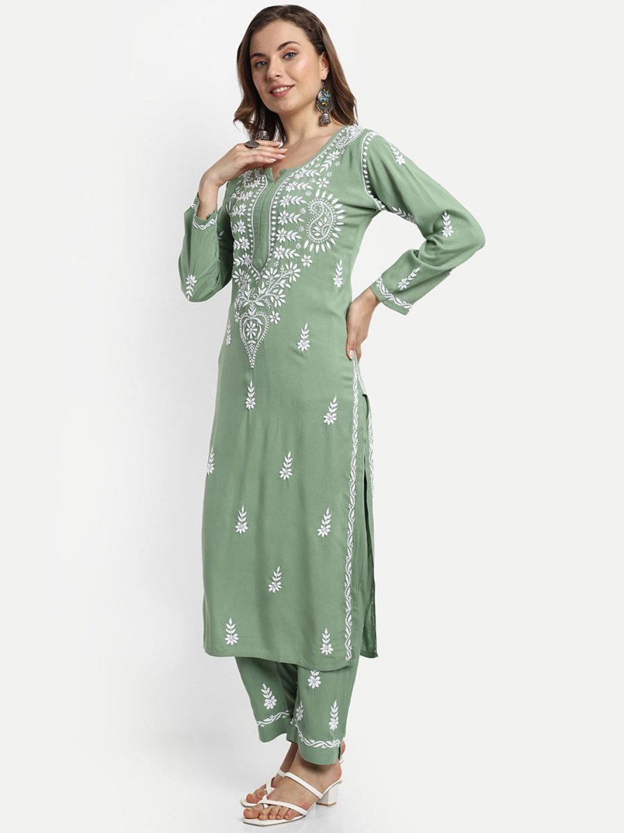 ADA Ethnic Motifs Embroidered Chikankari Kurta with Trousers | Swadesiicart