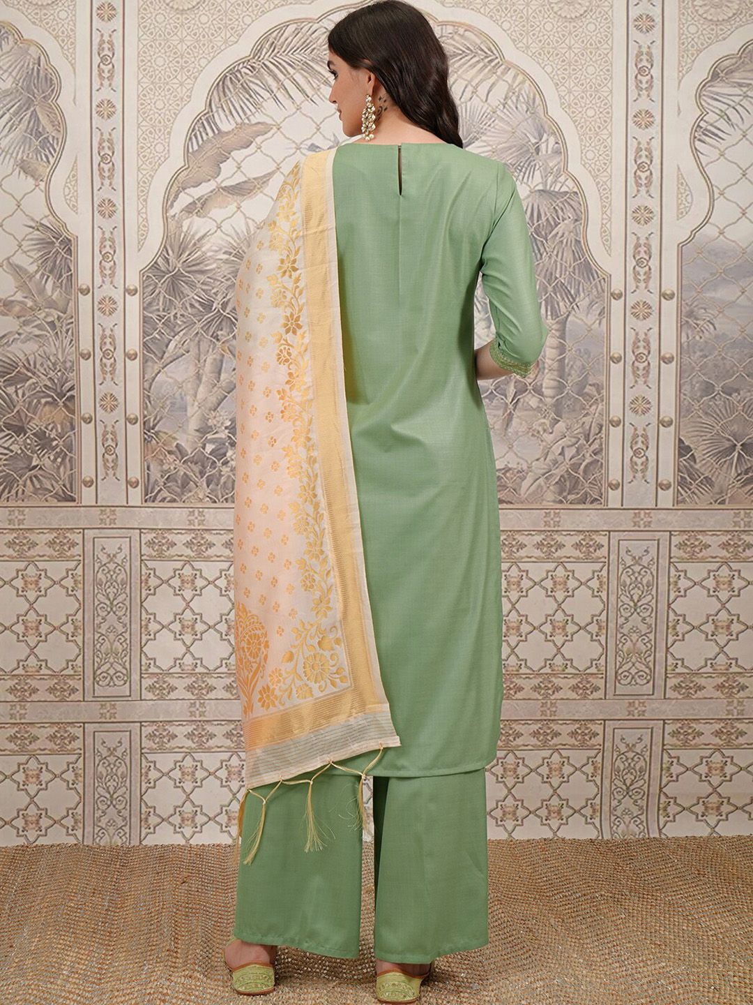 Vishudh Green Ethnic Motifs Yoke Design Thread Work Straight Kurta With Palazzos & Dupatta - Swadesiicart