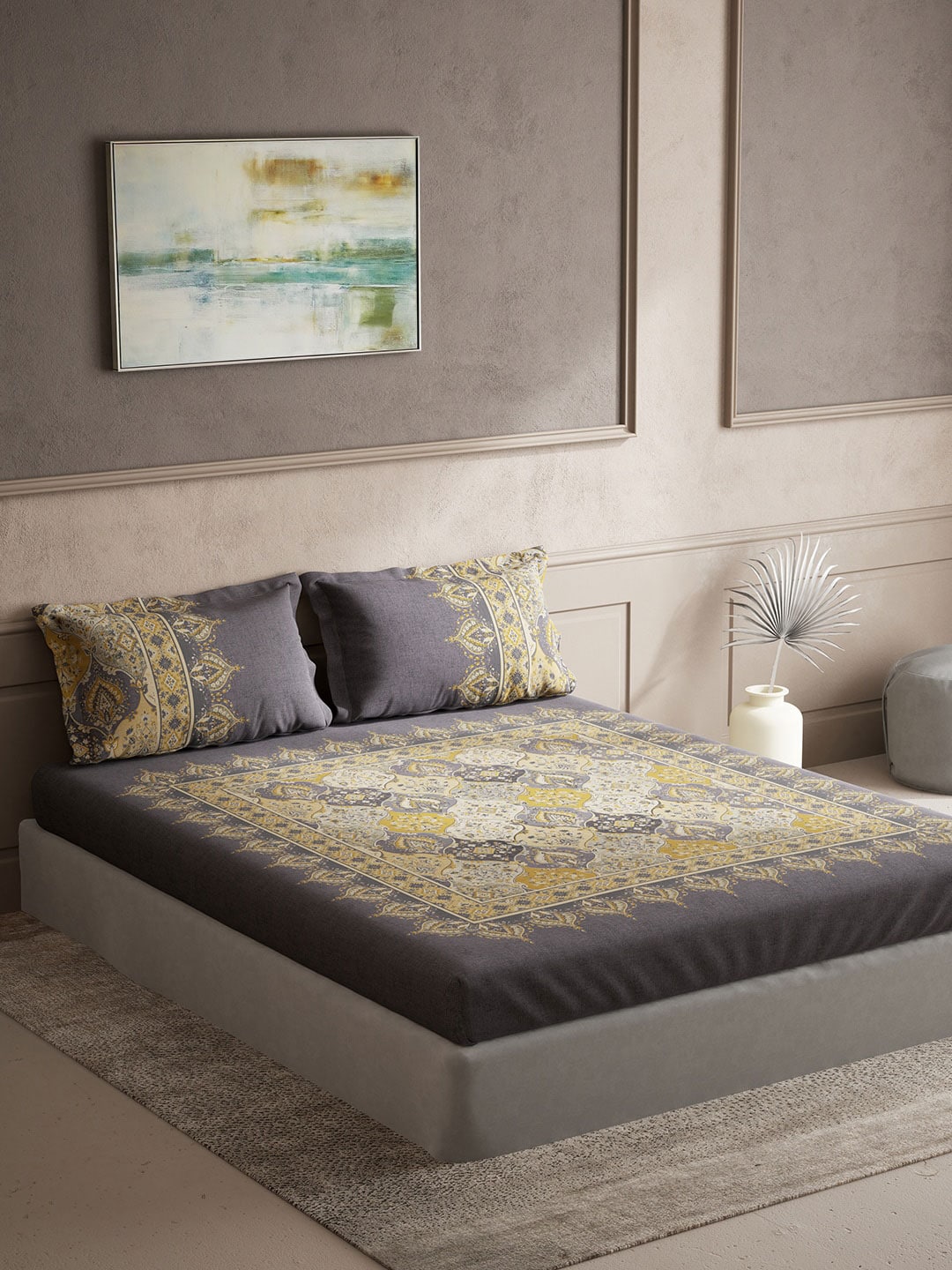 DDecor Grey & Yellow Ethnic Motifs Cotton 140 TC King Bedsheet With 2 Pillow Covers - Swadesiicart