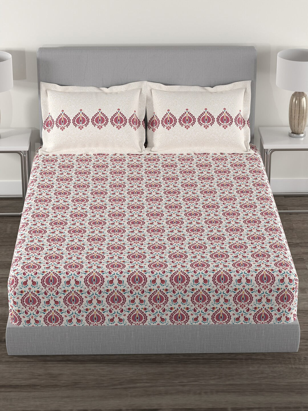 MYTRIDENT White Red Ethnic Motifs 144 TC Cotton Queen Bedsheet With 2 Pillow Covers - Swadesiicart