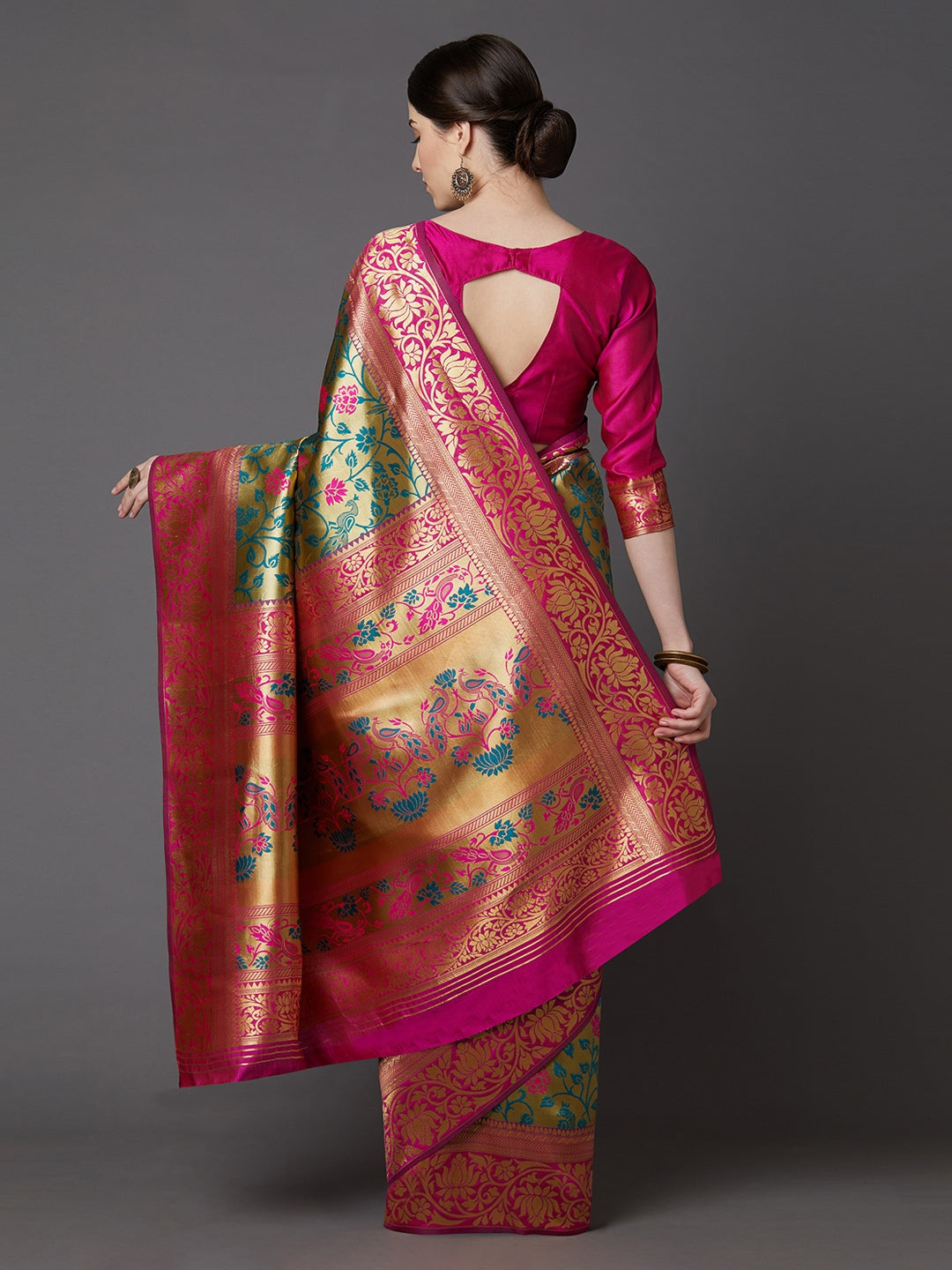 Mitera Green & Blue Silk Blend Woven Design Banarasi Saree | Swadesiicart