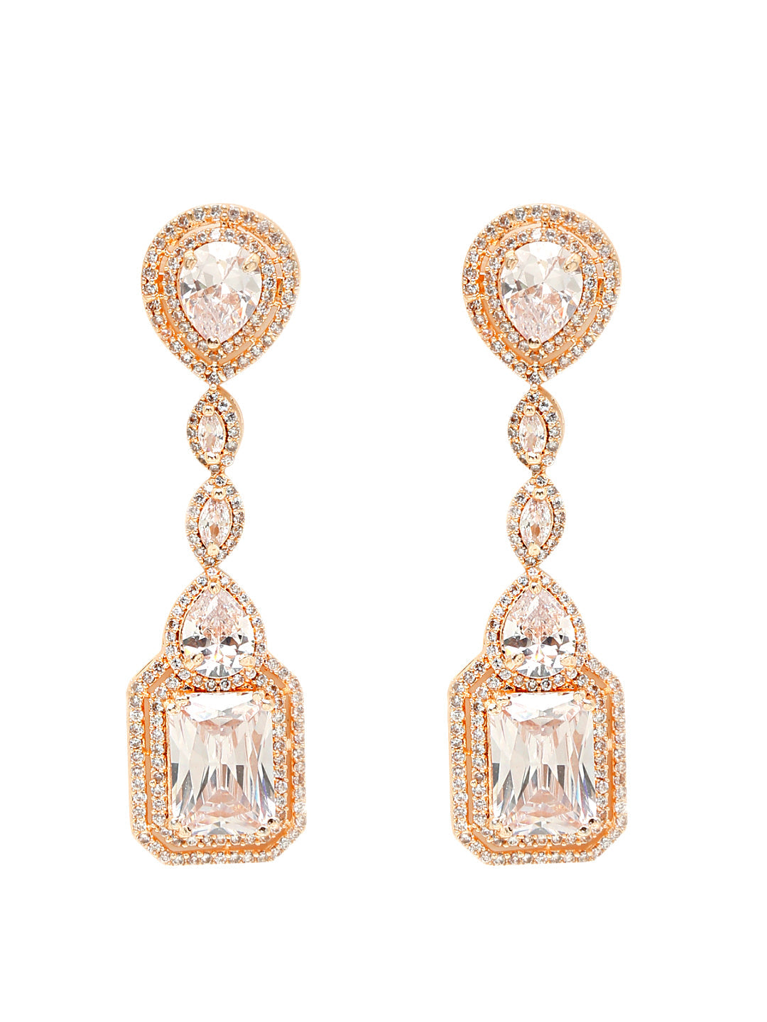 Yellow Chimes Rhodium-Plated Rose-Gold White AD-Studded Drop Earrings | Swadesiicart
