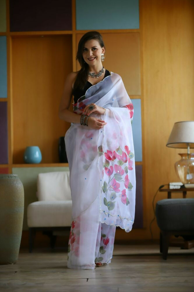 Vamsee Dhruti2 White Organza Saree - Swadesiicart