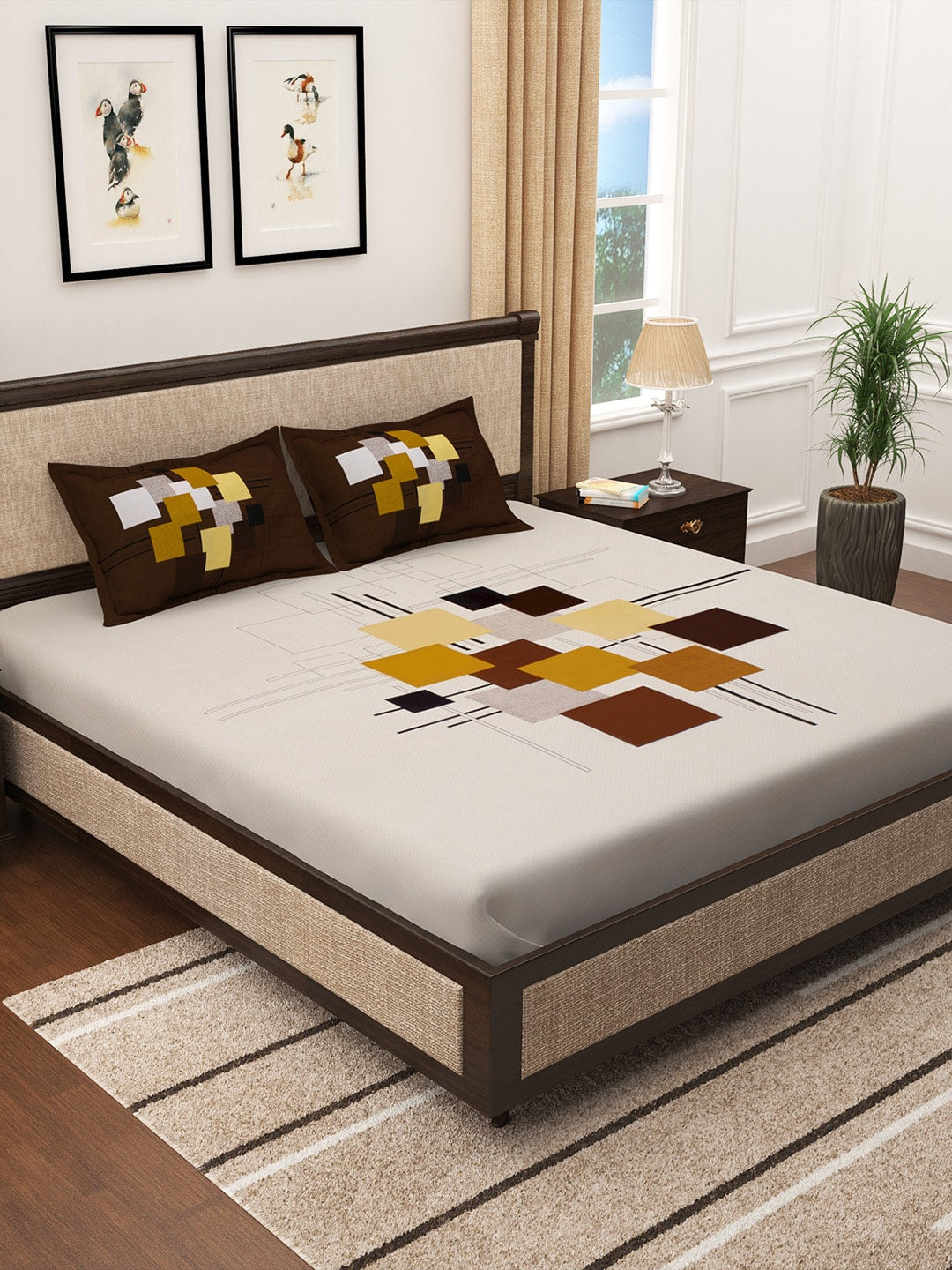 Story@home Cream-Coloured & Brown Abstract 300 TC Cotton 1 King Bedsheet with 2 Pillow Covers - Swadesiicart