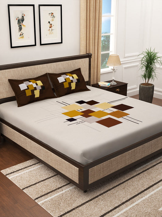 Story@home Cream-Coloured & Brown Abstract 300 TC Cotton 1 King Bedsheet with 2 Pillow Covers - Swadesiicart