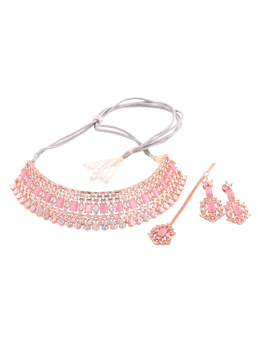 Saraf RS Jewellery Rose Gold-Polished & Pink AD Studded Handcrafted Jewellery Set - Swadesiicart