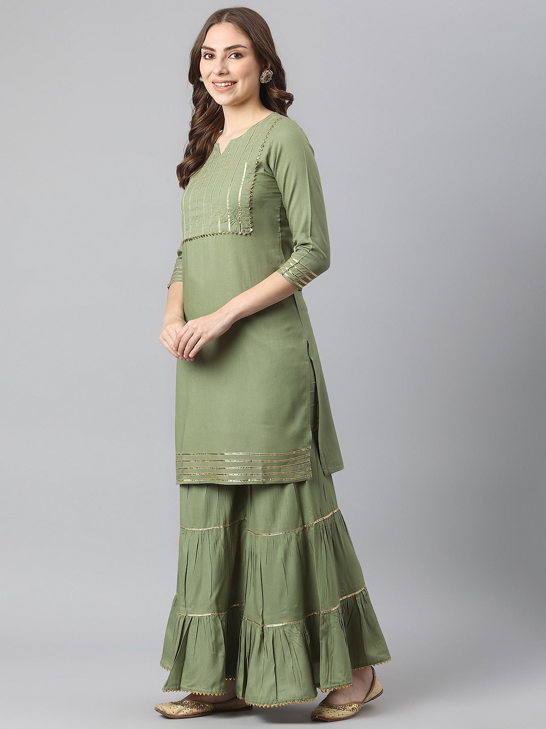 Kalini Women Green Yoke Design Gotta Patti Kurta with Sharara | Swadesiicart