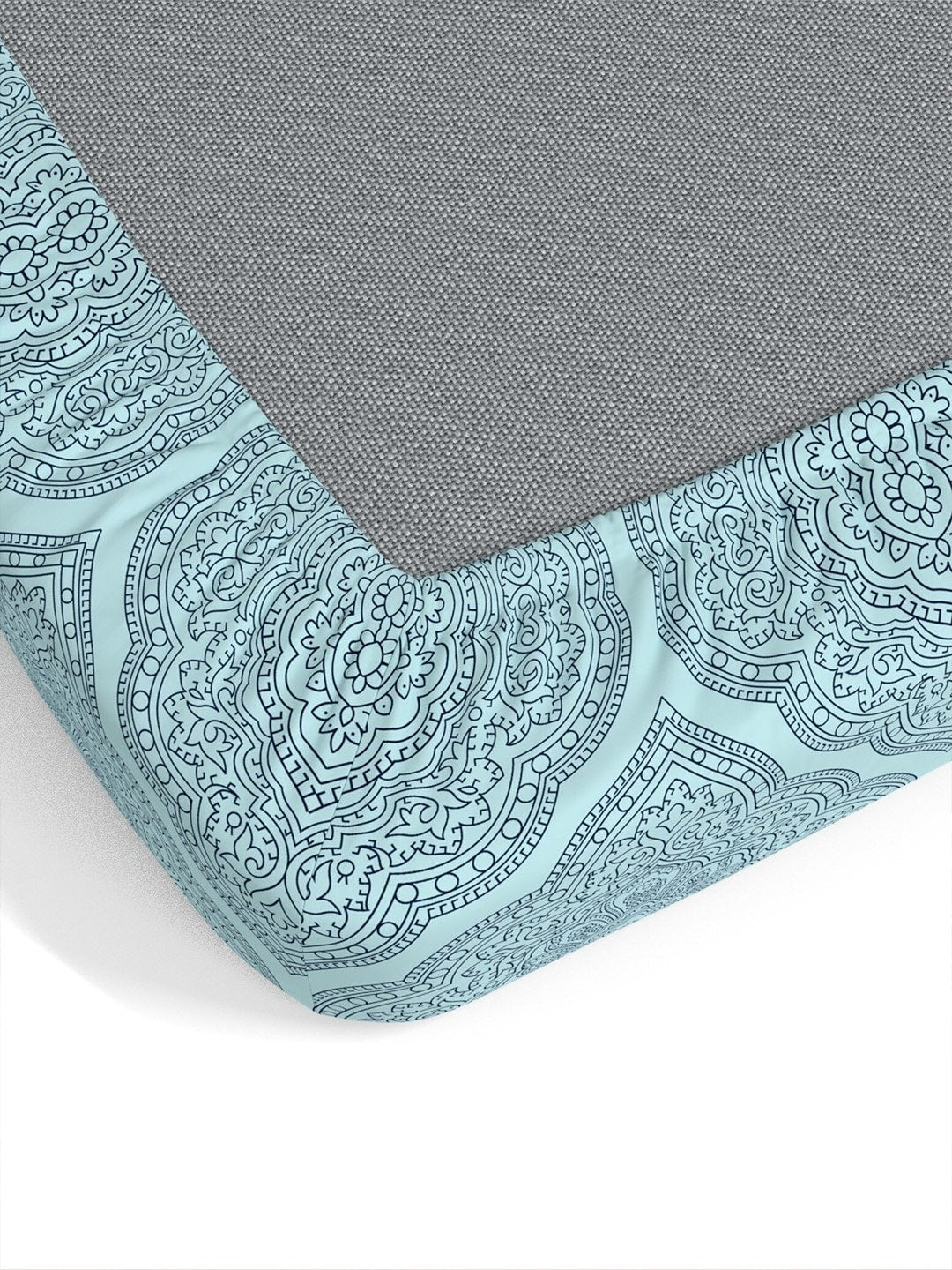 Dreamscape Blue Ethnic Motifs 140 TC Fitted Cotton King Bedsheet & Pillow Covers - Swadesiicart
