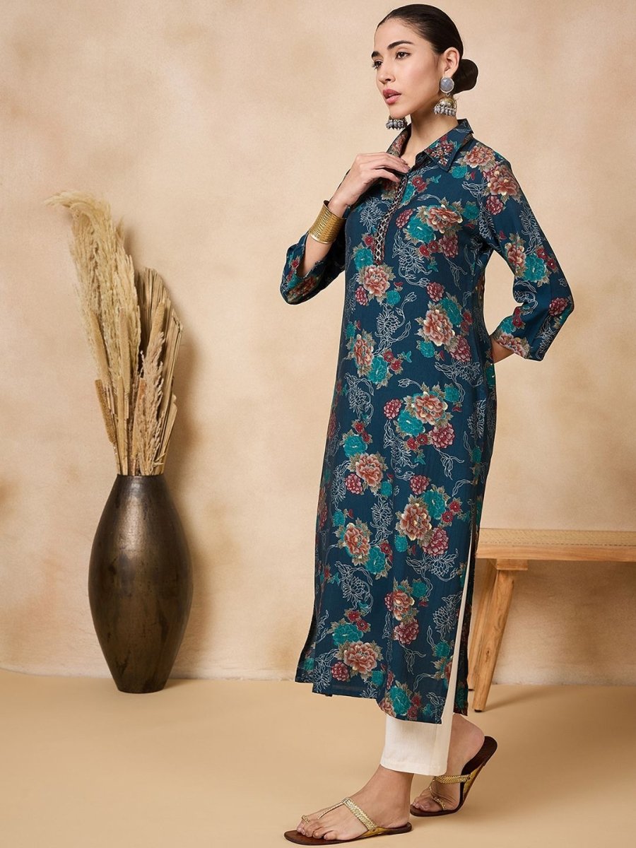 Anouk Floral Printed Mirror Work Straight Kurta - Swadesiicart