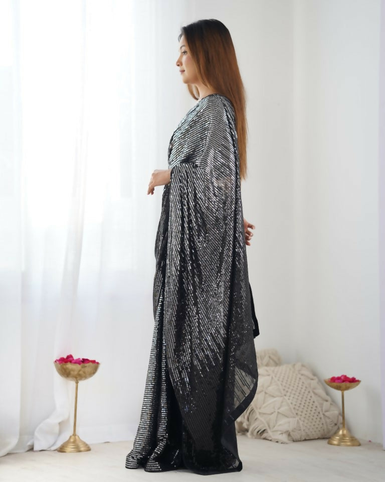 Black Georgette Designer Sequence Embroidery Work Saree - Radhe