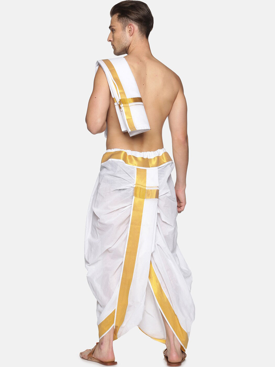 Sethukrishna Men White & Gold-Toned Solid Ready Made Dhoti Pants | Swadesiicart