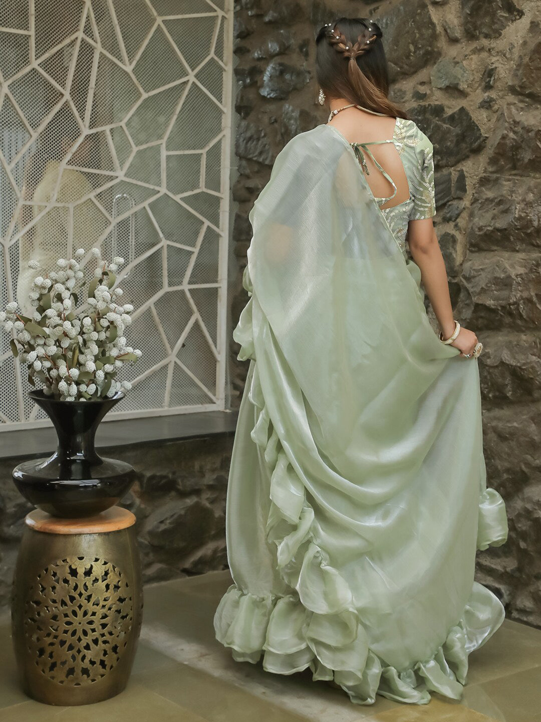 Tikhi Imli Embellished Sequinned Ruffled Ready to Wear Satin Saree | Swadesiicart