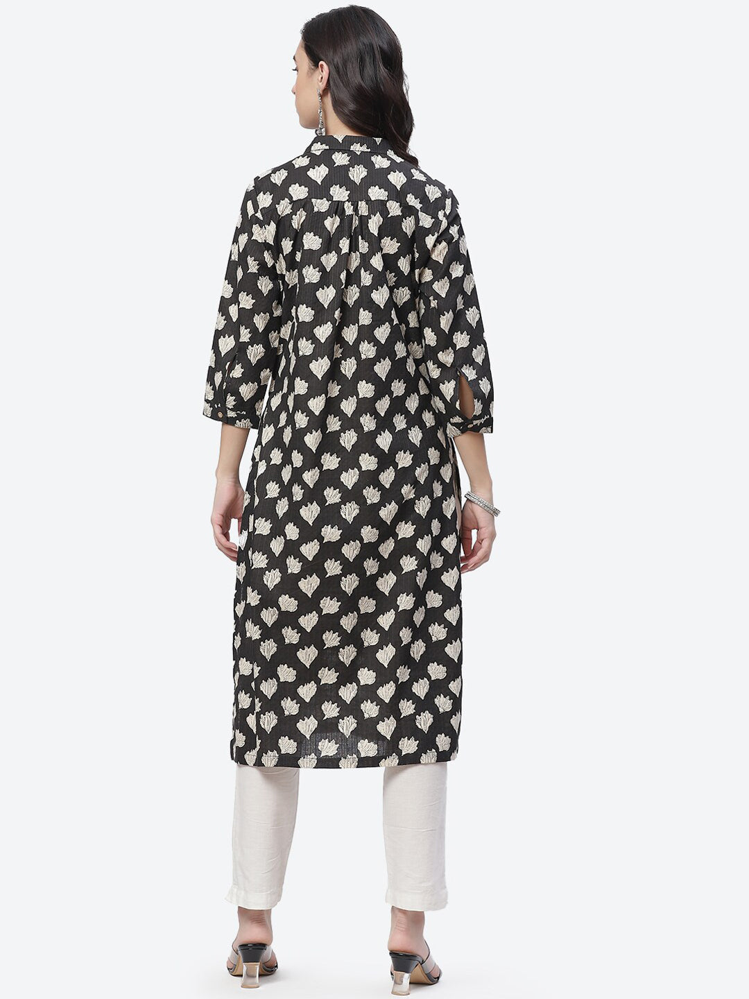 Biba Women Black and White Ethnic Motifs Print Straight Kurta - Swadesiicart