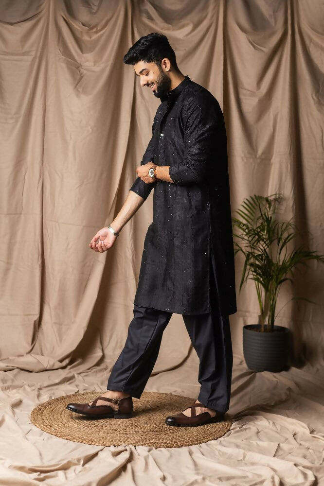 Black Rayon Thread Embroidery Work Kurta Set - Mahotsav