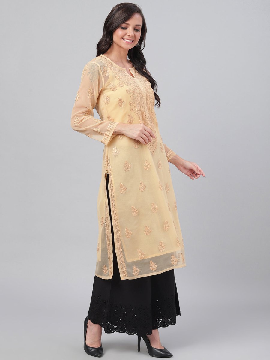 ADA Women Beige Chikankari Hand Embroidered Straight Sustainable Handloom Kurta With Slip | Swadesiicart
