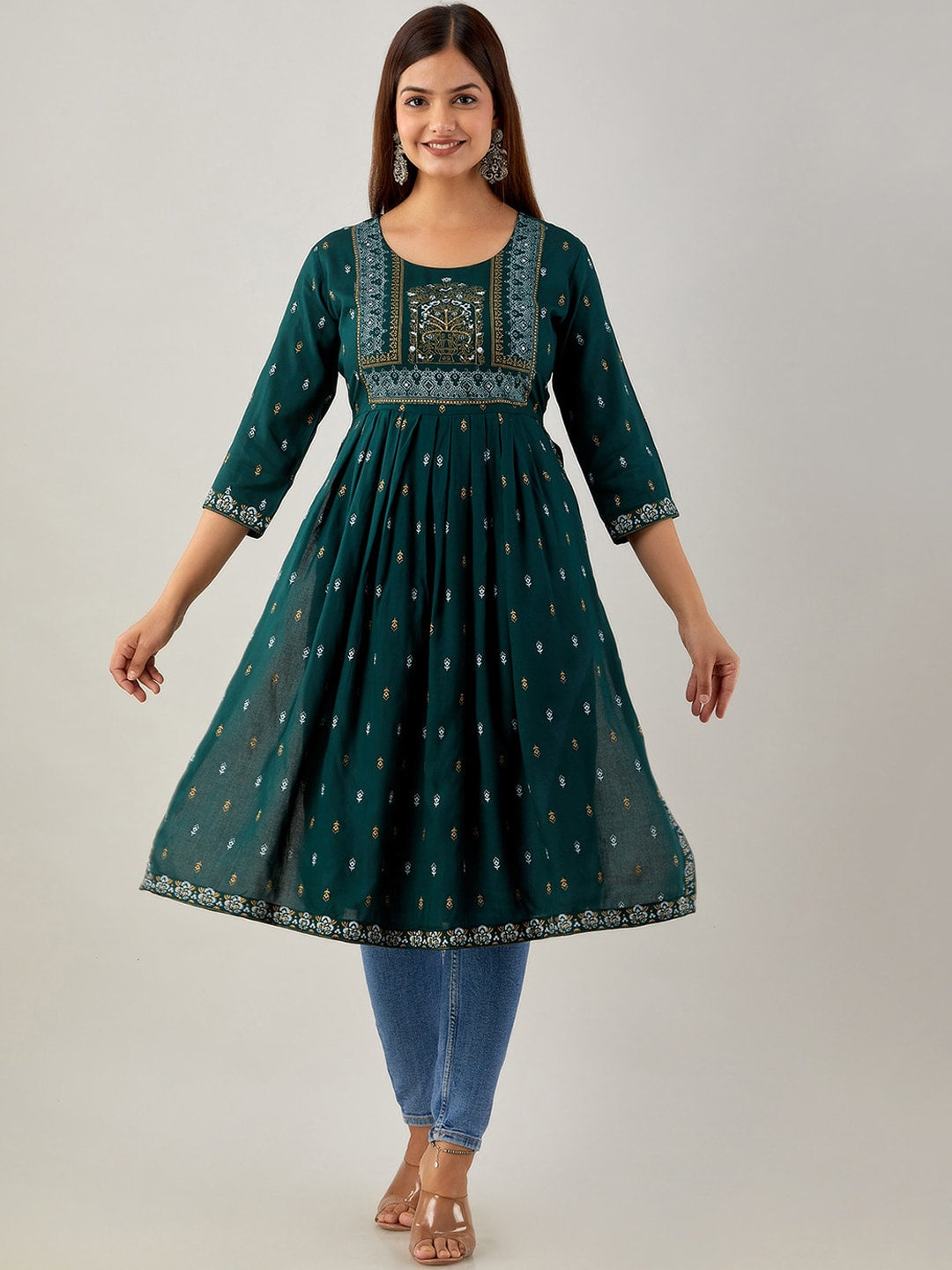 Kalini Ethnic Motifs Printed Mirror Work Kurta - Swadesiicart