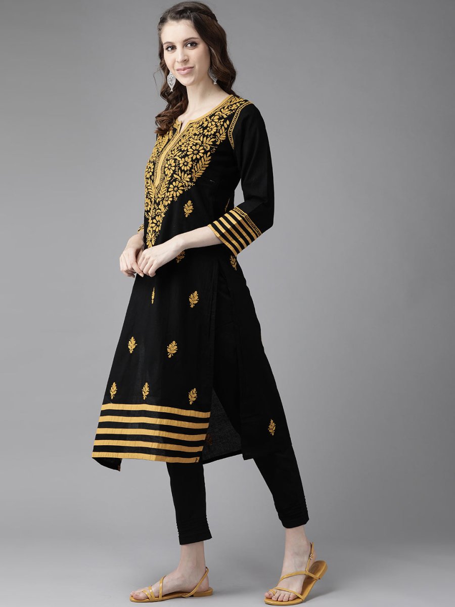 ADA Women Black & Mustard Yellow Pure Cotton Chikankari Embroidered Handloom Kurta with Trousers | Swadesiicart