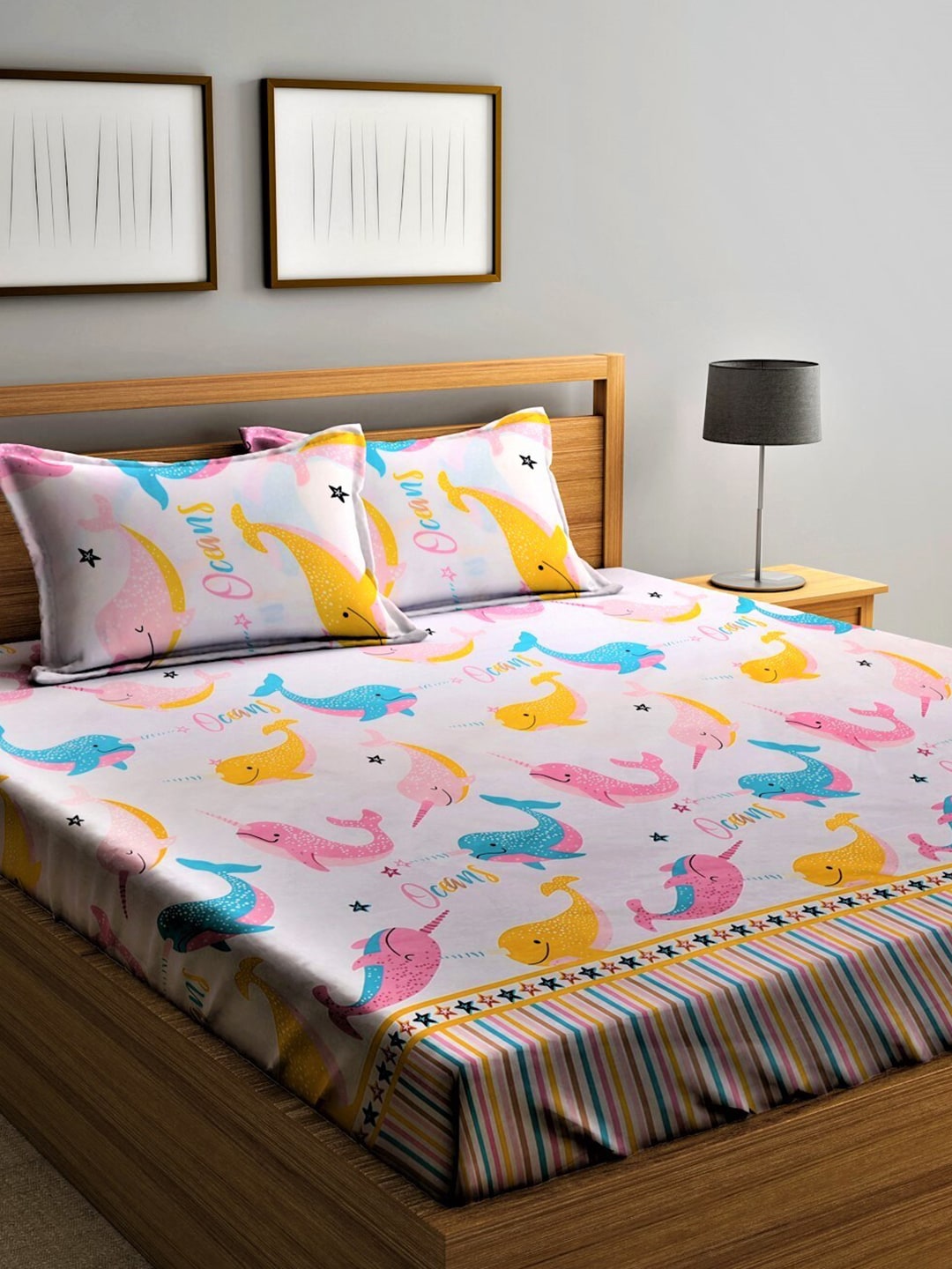 Home Sizzler Pink & Blue Cartoon 210 TC Cotton Bedsheet with Pillow Covers - Swadesiicart