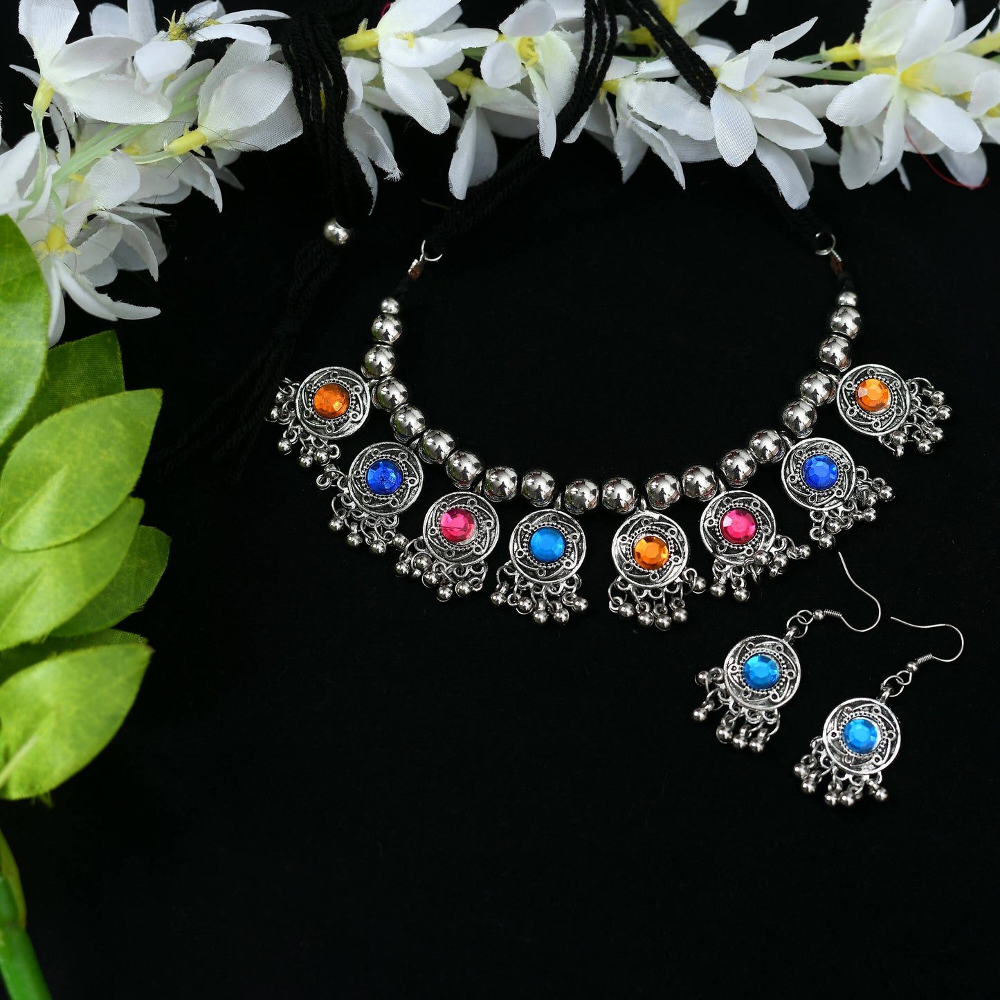 Mominos Fashion Johar Kamal Women Oxidised Silver-Plated Brass Finish Kundan Choker (Multi) | Swadesiicart