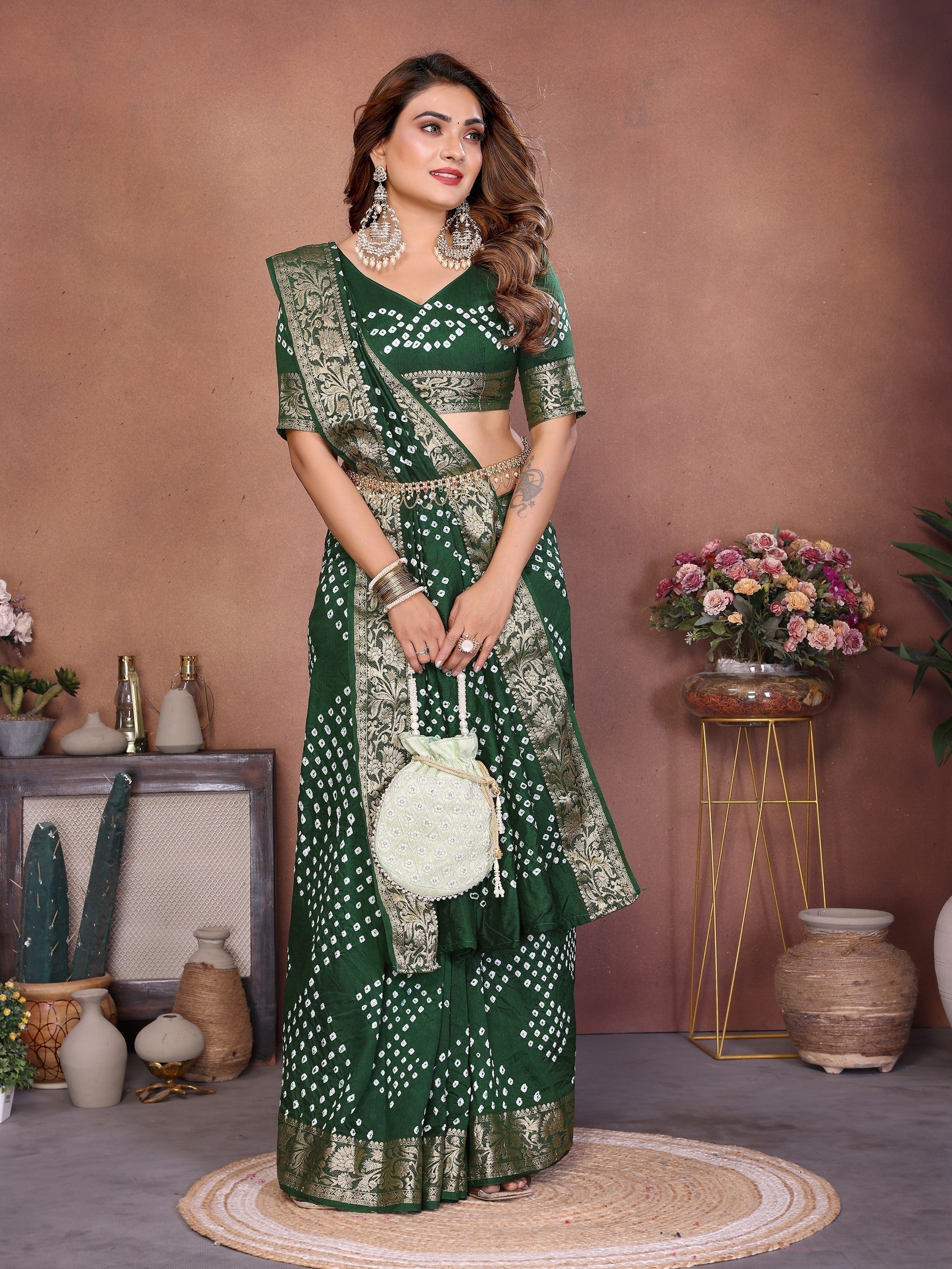 Anaita Green Handmade Bandhej Viscose Silk Saree With Blouse