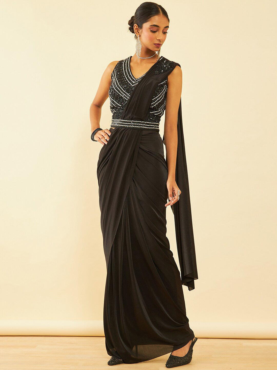 Soch Black Embellished Beads and Stones Ready to Wear Saree | Swadesiicart
