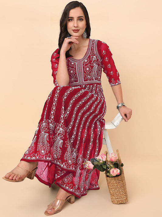 HERE&NOW Chikankari Embroidered Thread Work Georgette Anarkali Kurta | Swadesiicart