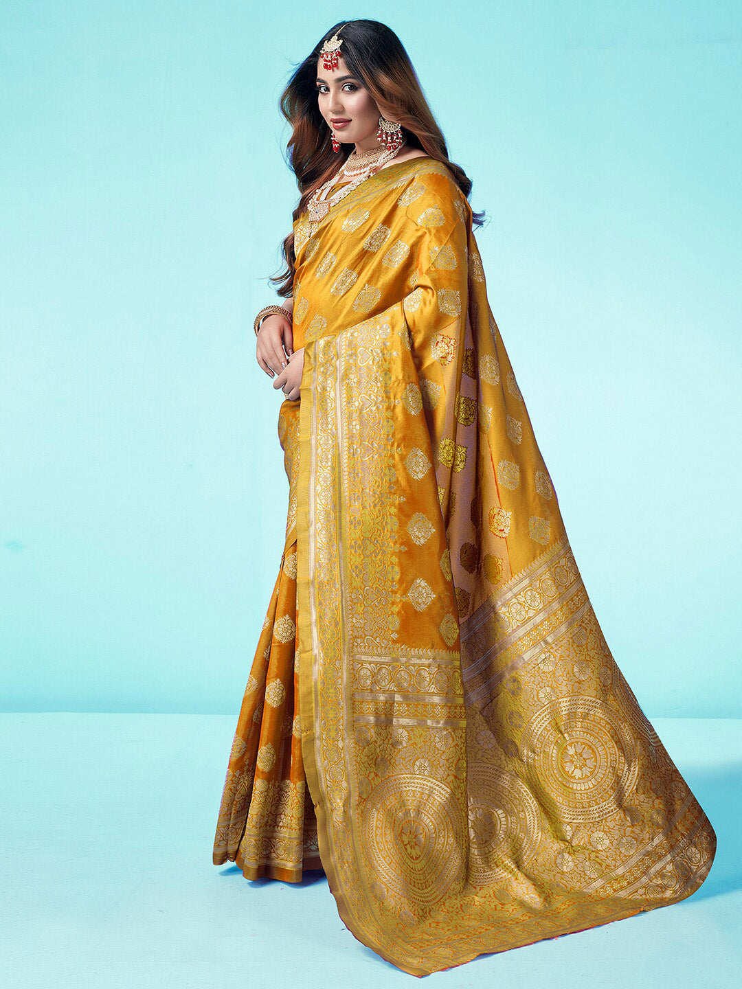 Kalini Yellow & Gold-Toned Woven Design Zari Banarasi Saree | Swadesiicart