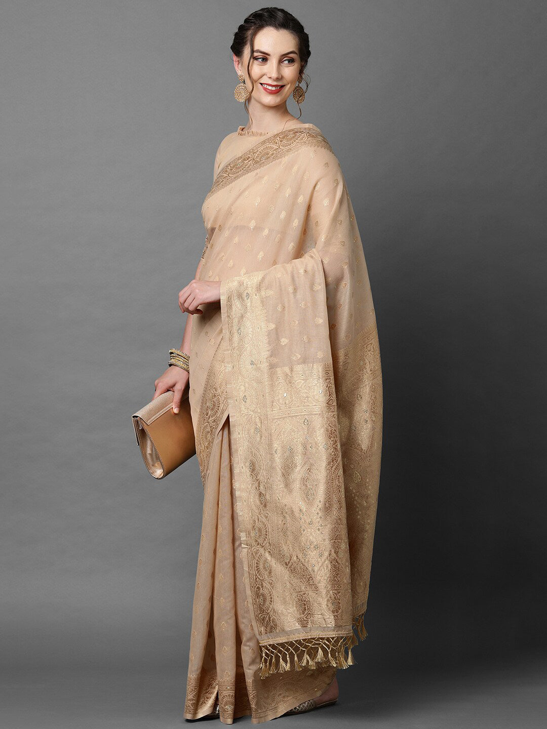 Mitera Cream-Coloured & Gold-Coloured Ethnic Motifs Silk Blend Banarasi Saree | Swadesiicart