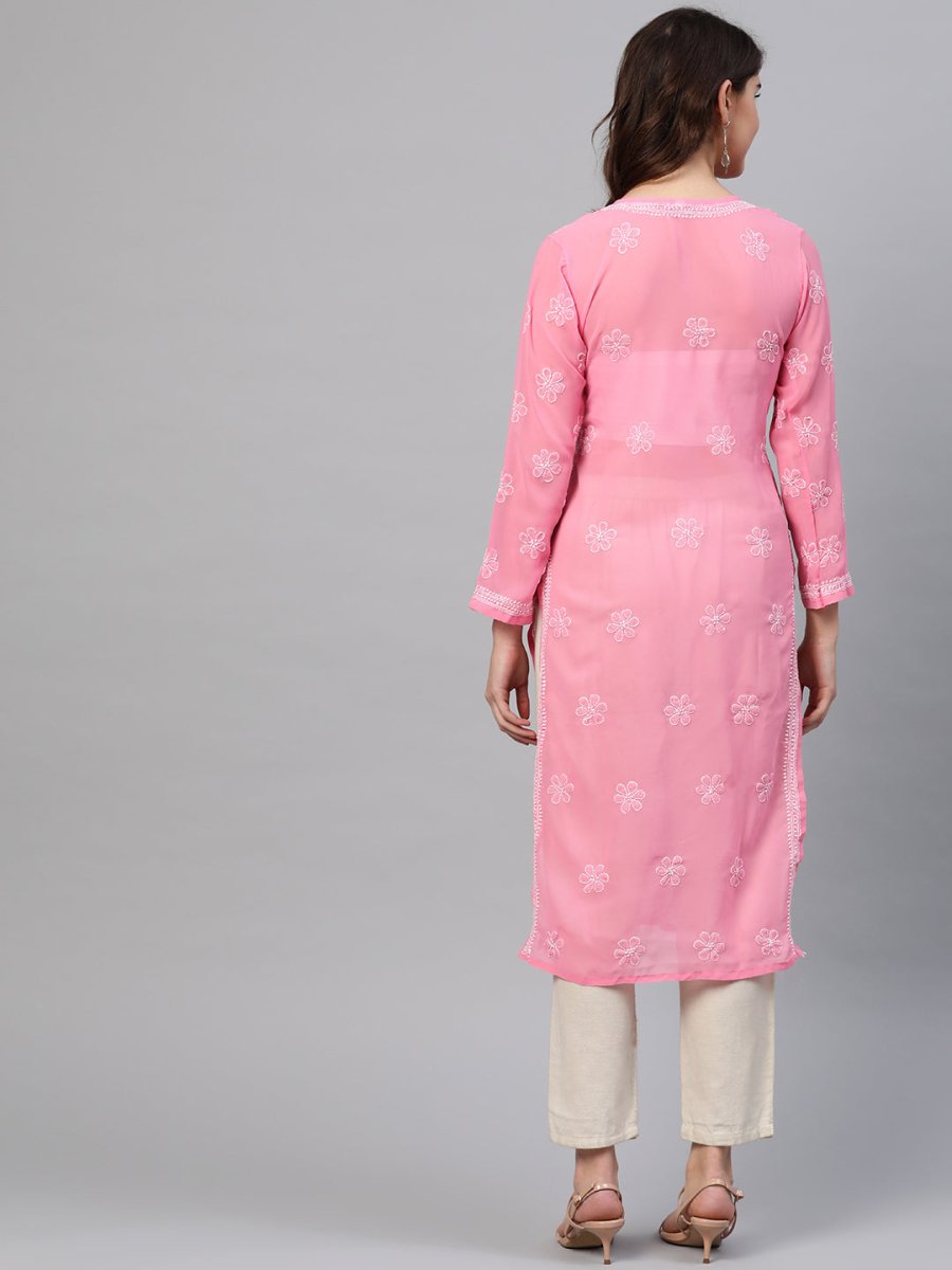 ADA Women Pink & White Chikankari Embroidered Straight Sustainable Handloom Kurta | Swadesiicart