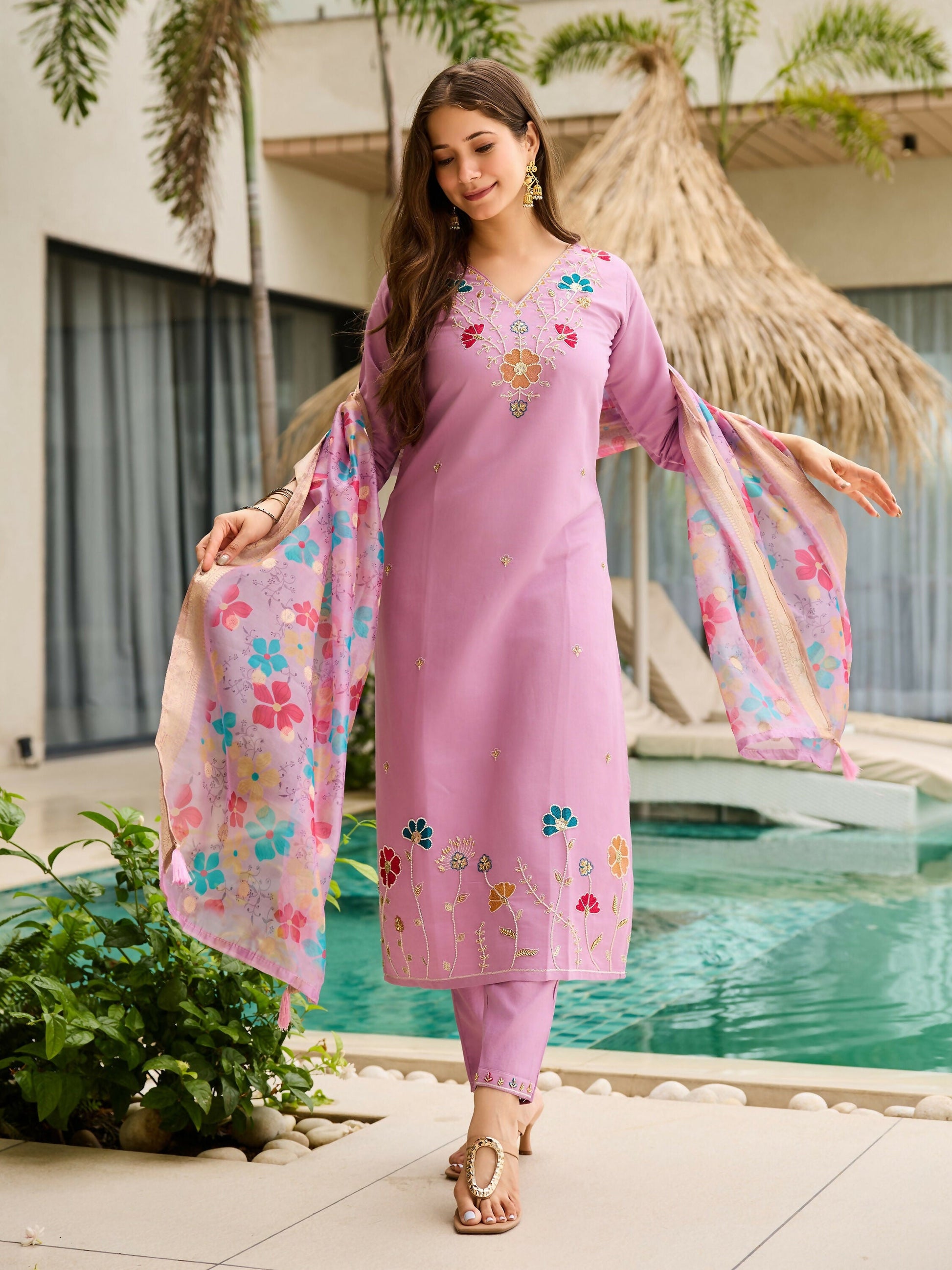 The52 Lavender Women's Gorgeous Embroidered work Viscose Gadhwal Fabric Straight Kurta, Pant and Dupatta Set - Swadesiicart