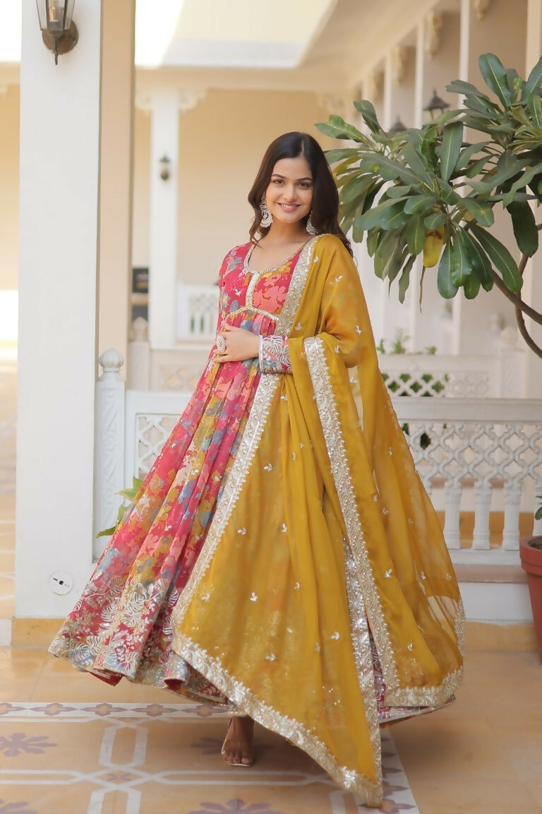 Jyoti Fashion Women's Pink & Yellow Russian Silk Sequins Zari Embroidery Anarkali Dress with Dupatta | Swadesiicart