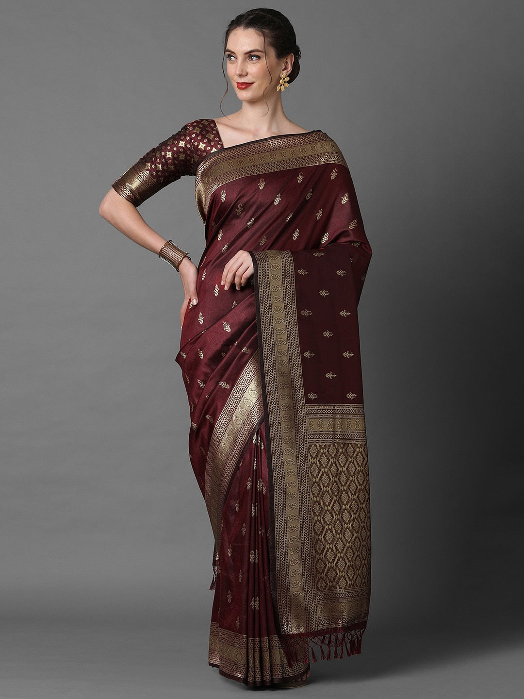 Mitera Brown & Gold-Coloured Ethnic Motifs Woven Design Silk Blend Banarasi Saree | Swadesiicart