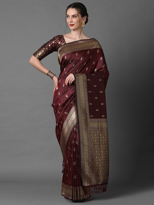Mitera Brown & Gold-Coloured Ethnic Motifs Woven Design Silk Blend Banarasi Saree | Swadesiicart
