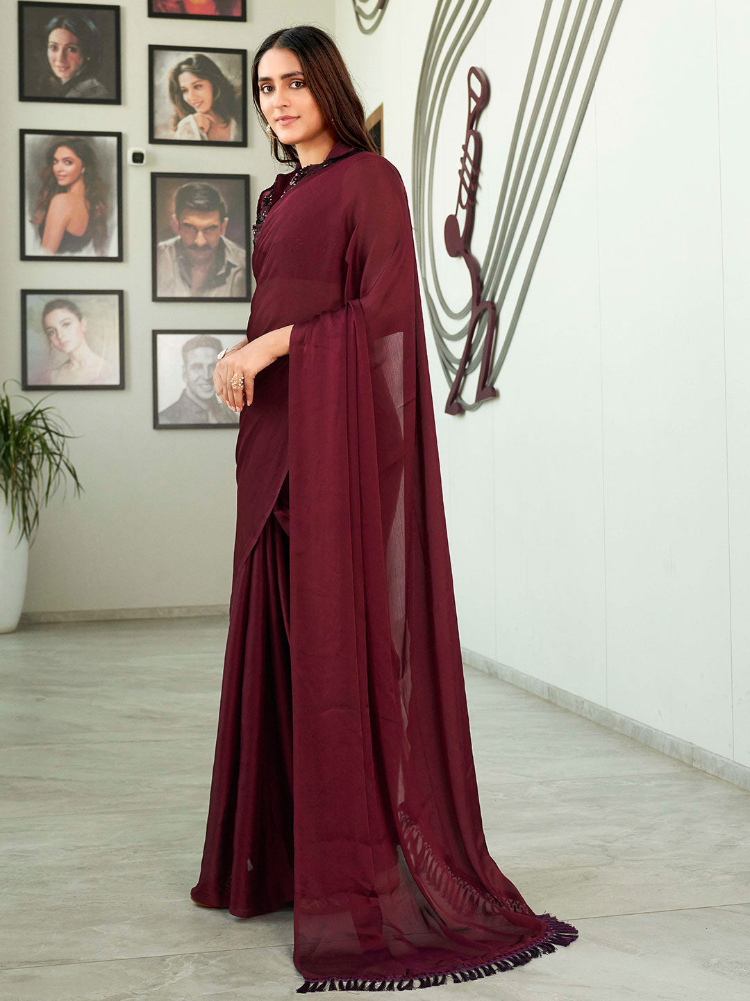 Tikhi Imli Solid Satin Saree | Swadesiicart