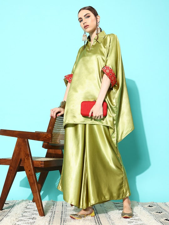 InWeave Women's Olive Red Brocade Satin Boho Kurta Palazzo Set - Swadesiicart