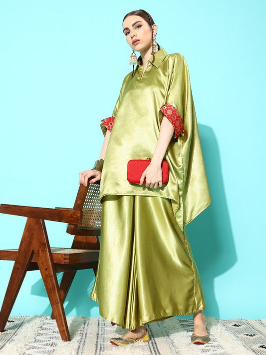InWeave Women's Olive Red Brocade Satin Boho Kurta Palazzo Set - Swadesiicart